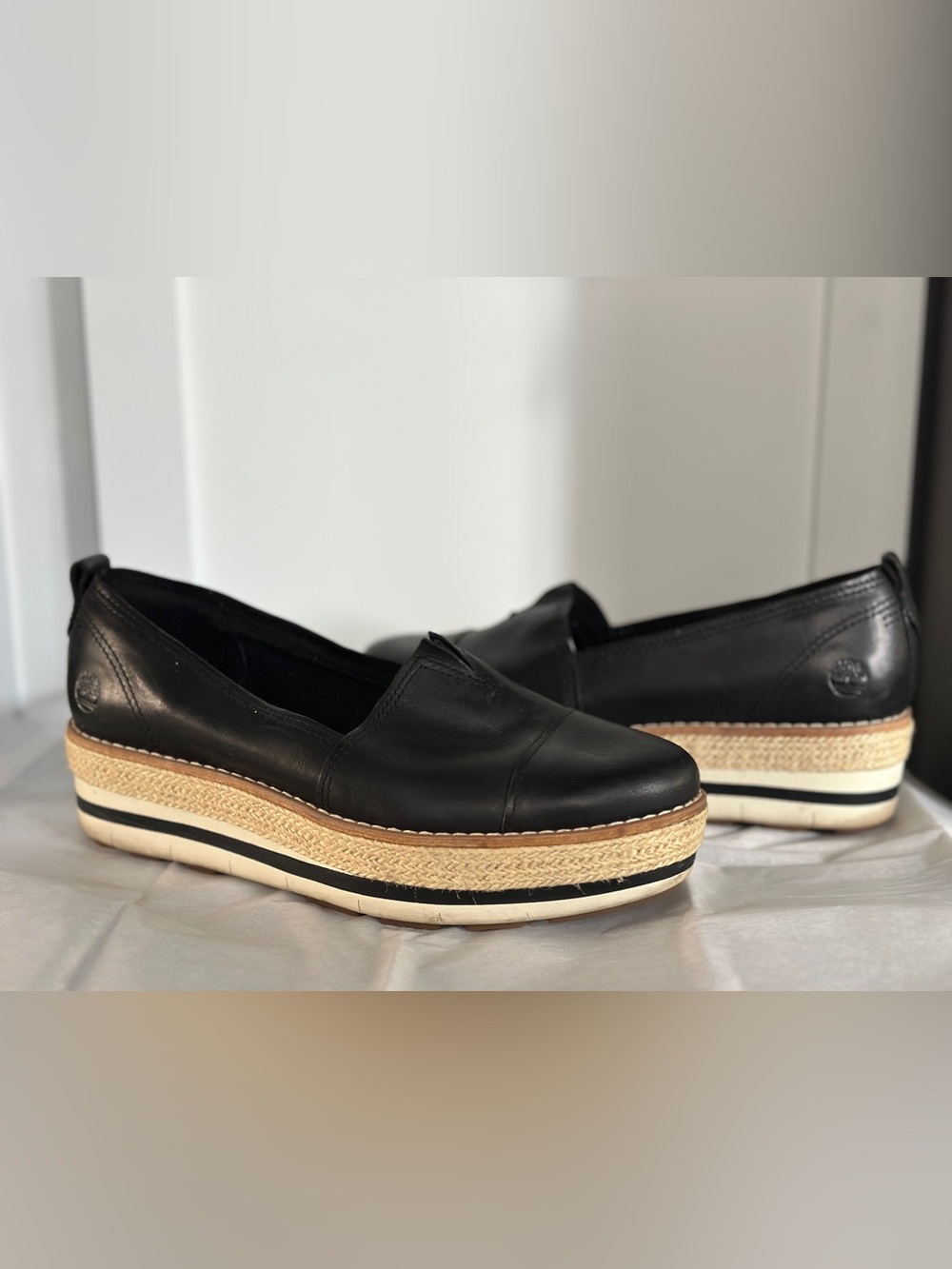 Timberland Black Leather Espadrille Platform Slip Ons